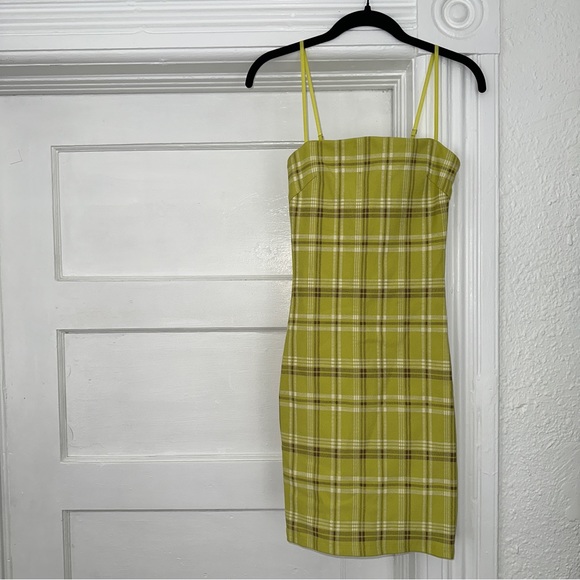 i am gia neon yellow green plaid bodycon fitted dress - Picture 3 of 4